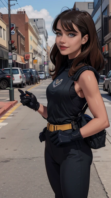 Foto hiperrealista en primer plano de Willa Fitzgerald, masterpiece, best quality, (photorealistic:1.4), beautiful woman, skinny, small breasts, straight brown hair, detailed face, smile, photo taken from a distance, age 25 tears old, Special forces uniforms、Black tactical vest、black black Military trousers、Black combat gloves、rucksack、Black black military undershirt、Detailed facial and chest depictions、detailed hand depiction、Combat pose、Dynamic action、in the city、White smoke、watching at viewers