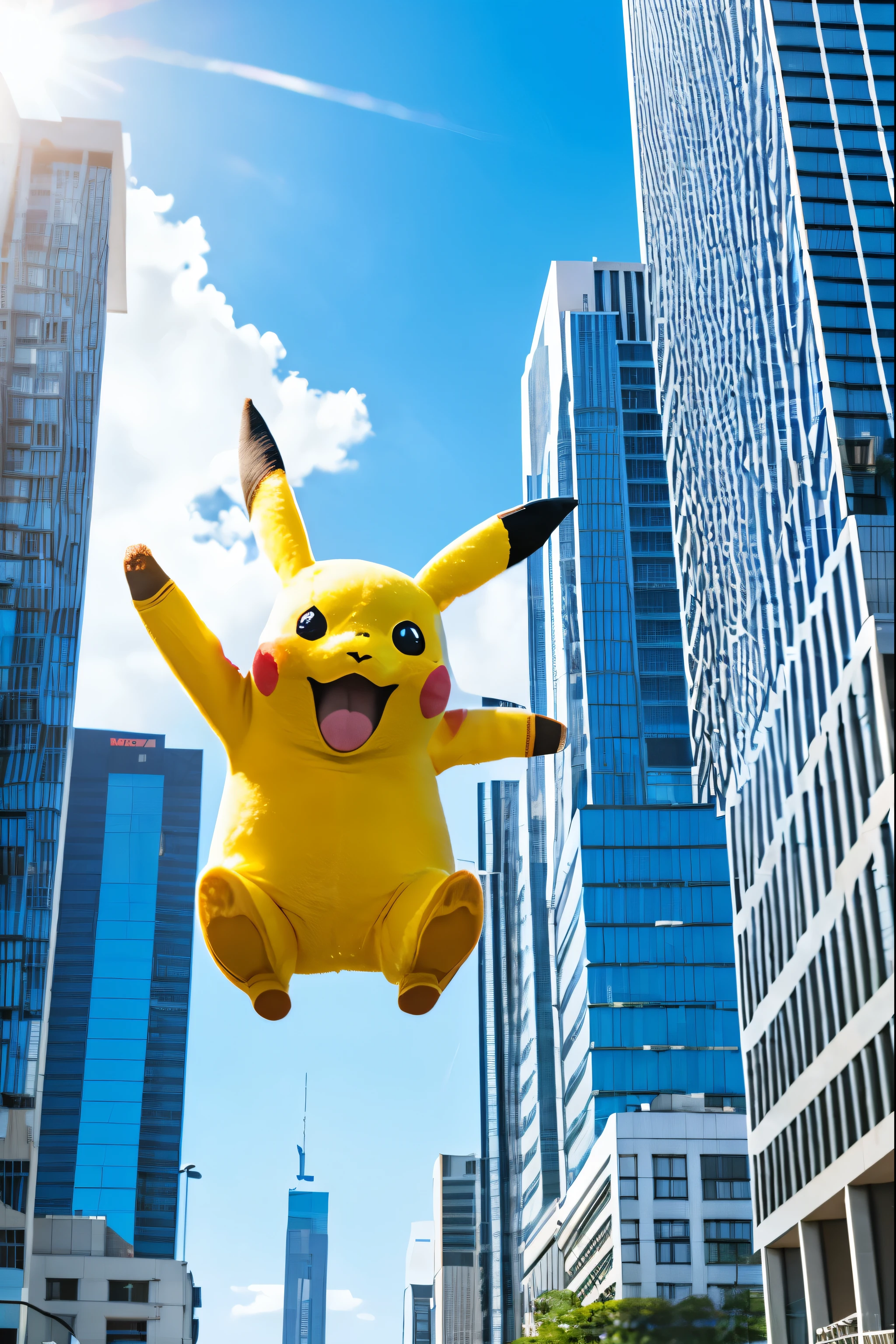 product shot of an pikachu jumping,on EC, over the high buildings city environment,blue sky, shining,high quality,3d model,excellent detail.
