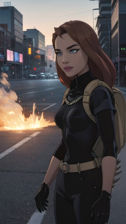 Foto hiperrealista en primer plano de Willa Fitzgerald, masterpiece, best quality, (photorealistic:1.4), beautiful woman, skinny, small breasts, straight brown hair, detailed face, smile, photo taken from a distance, age 25 tears old, Special forces uniforms、Black tactical vest、black black Military trousers、Black combat gloves、rucksack、Black black military undershirt、Detailed facial and chest depictions、detailed hand depiction、Combat pose、Dynamic action、in the city、White smoke、watching at viewers