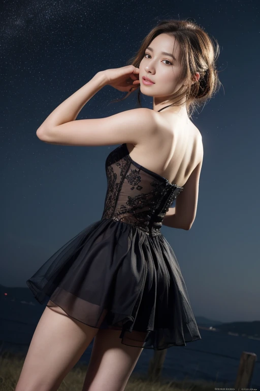((masterpiece, highest quality, Best image quality, High resolution, Realistic, RAW Photos, 8k)), ((Highly detailed CG synthesis 8k wallpaper)), Dancing in the starry sky, View from behind, (blue glowing), Shining blue in the dark night, A light, fluttering summer dress,