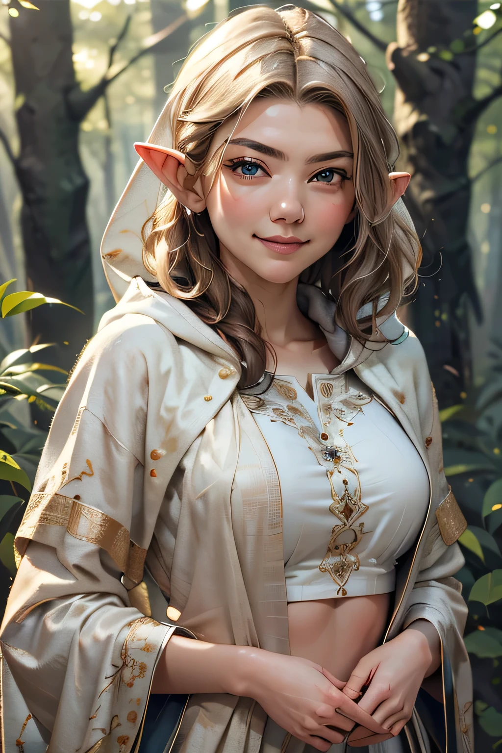 a beautiful enchanting woman elf (nataliedormer)  posing in the woods, detailed flowing long hair, woman, soft cloth, detailed embroidery, silk outfit and hood (style-paintmagic), perfect skin, highly insanely detailed, masterpiece, top quality, best quality, highres, 8k, RAW photo, detailed face,detailed eyes, realistic, slight sexy grin, facing random direction