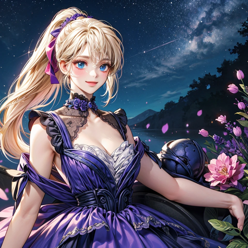 1 woman of 30 years old only, {{{long platinum blond hair}}} ponytail, {{{pale blue eyes}}}, simple lavender sundress with floral accessories, cleavage, small smile, bontanic garden with colourful flowers and decor, starry sky with soft moonlight, {best quality.}, {highreaasterpiece.}, {{{medium close up.}}}, {facing viewer}