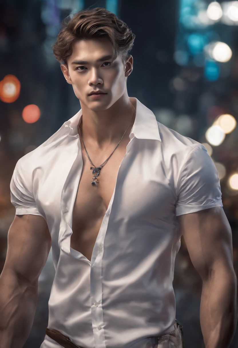 8K, masutepiece, Raw photography, Best Quality, Photorealistic, Highly detailed CG Unity 8K wallpapers, depth of fields, Cinematic Light, Lens Flare, Ray tracing, (Very beautiful and charismatic face, Beautiful lips, Beautiful eyes), intricately detailed face, (Ultra detailed skin), 1 man, In nature, In the deep shadows, Beautiful European Man, Kpop Idol, 1 male, (very strong and muscular body:1.3), (looking at audience), (Great determined appearance) :1.3), (Sleeveless), (Fashion City Night, a dark night, neon signs, Blurred background), Fashion Street Night, (The person behind々:1.3), Beautiful earrings, Bracelets, Necklace, pantyhose, Clear eyes, Walking, (pale skin), (Big eyes), Face forward, (upperbody shot), (loose-fitting clothes:1.3), (Brown hair), (Bosch Clothing, (Transparent), (looking at audience:1.3) Very strong ,, back turned, (Back shot), Transparent, Medium hip.