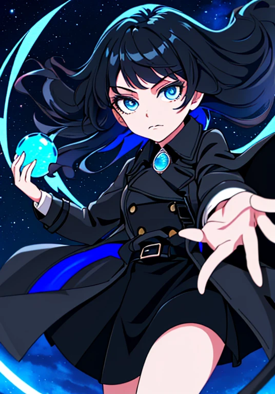 (Best quality, Masterpiece),(1girl, Trench coat,Face expression, Blue eyes, Looking at the viewer, Black hair, Closed mouth, Dress Shirt, black skirt, Hand on viewer), (Less blue light, Several pieces of blue glass swirl behind her, Floating objects, Night sky)