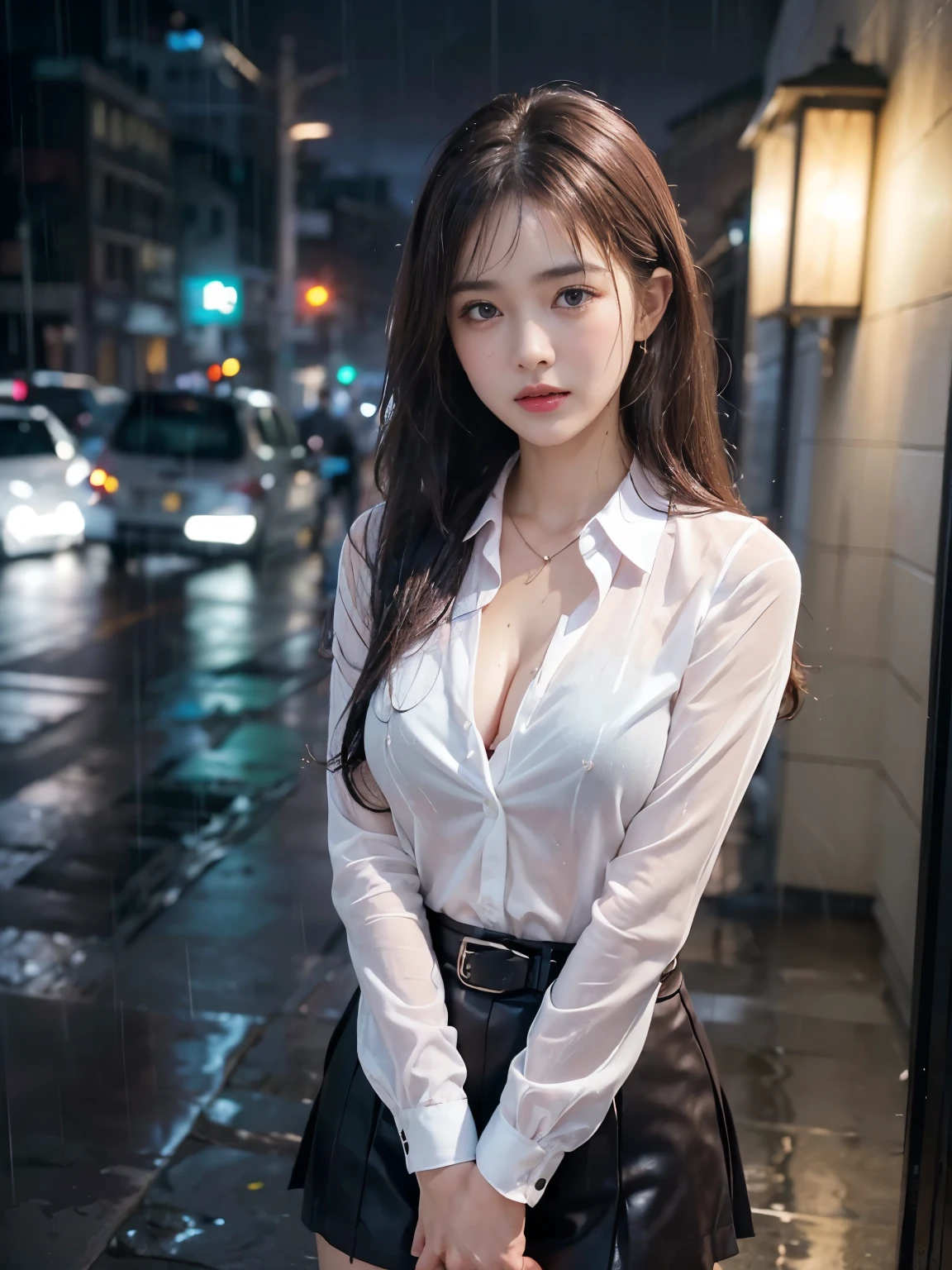 (((A girl soaked in the rain))),(RAW shooting, Photorealistic:1.5, 8k, highest quality, masterpiece, Ultra-high resolution), Perfect dynamic composition:1.2, Modern city street corner at night, Expressions of sadness:0.3, (((Typhoon heavy rain))), Highly detailed skin and facial textures:1.2, Slim office lady wet with rain:1.3, Fair skin, Sexy beauty:1.1, Perfect Style:1.2, beautifully、aesthetic:1.1, Very beautiful face, Water droplets on the skin, (Rain dripping down on my body:1.2, Wet body:1.2, Wet Hair:1.3), (Wet Office Skirt:1.2, wet office lady uniform:1.3), belt, (Medium Chest, Bra is sheer, Chest gap), (cry, Heartbroken, Her facial expression when she felt intense caressing, Facial expressions when feeling happy), (Beautiful Blue Eyes, Beautiful erotic eyes:0.8), (Too erotic:0.9, Fascinating:0.9), Cowboy Shot, Shoulder bag, necklace, Earrings, bracelet, clock
(((Pink brown long hair)))