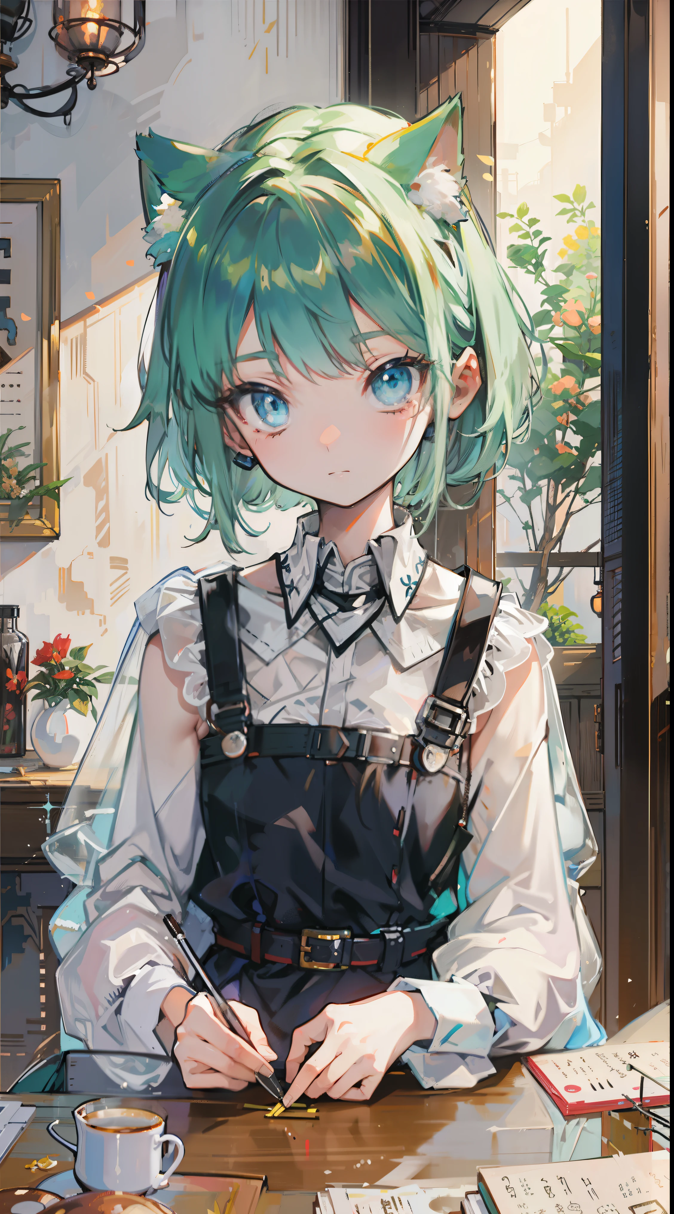 (Tabletop, highest quality: 1.1), Ghibli style, alone, , Weibo, Tinker's Wife (Tabletop), highest quality, Expressive eyes, Perfect Face, Small breasts, thin, ((Wearing a dress and playing the piano)),Transparent glass bottle body, Glass Girl, transparent, Wavy green hair, Pink and blue eyes, Green leaves of hair, Eyes like shining jewels, Long eyelashes, Transparency, ((Wearing a dress and playing the piano)), (Red Jewel Autumn Costume)), whole body, Standing Pose Reaching Out, thin feet, Perfect hands, Five Fingers, Yun News (Hmph), no_human, ((Cat ear)), Forest land