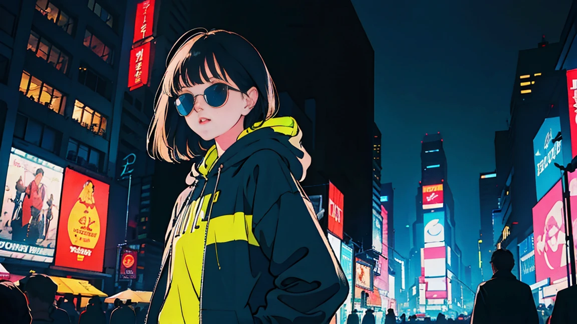 Beautiful Asian girl with dark hair walking through Times Square, Perfect Face, sunglasses, hoodie, Neon Black, (Backlight: 1.1), Hard Shadows, masterpiece, highest quality, Complex, Model shooting style, Vintage, Film Grain, Incomplete details
