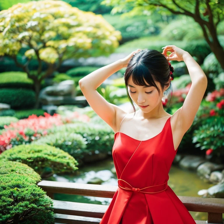 A young Japanese woman wearing a bright red Chinese dress with armpit slits、She has a refined and calm look.。Her hair is elegantly tied up、A traditional Japanese garden spreads out in the background.。This scene in a photorealistic style、Depict the details and vividness of color。