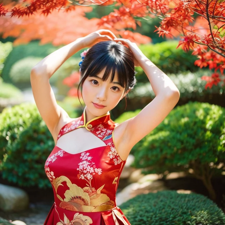 A young Japanese woman wearing a bright red Chinese dress with armpit slits、She has a refined and calm look.。Her hair is elegantly tied up、A traditional Japanese garden spreads out in the background.。This scene in a photorealistic style、Depict the details and vividness of color。