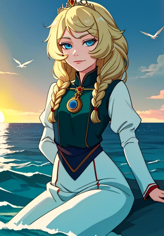 ,((Best quality))),8K,((Masterpiece)),(Very classy and beautiful), There is a girl coming out of the sea, Swan princess in Russian mythology, Beautiful calm face, Blue eyes, Long braided blonde hair, Moon braided hair on the back of the head, Shiny old Russian white clothes with a kokoshnik crown on his head, affectionate eyes, Half smile, Cute expression on his face, Seascape and sunlight in the background, Seagulls in the sky, full length, realism