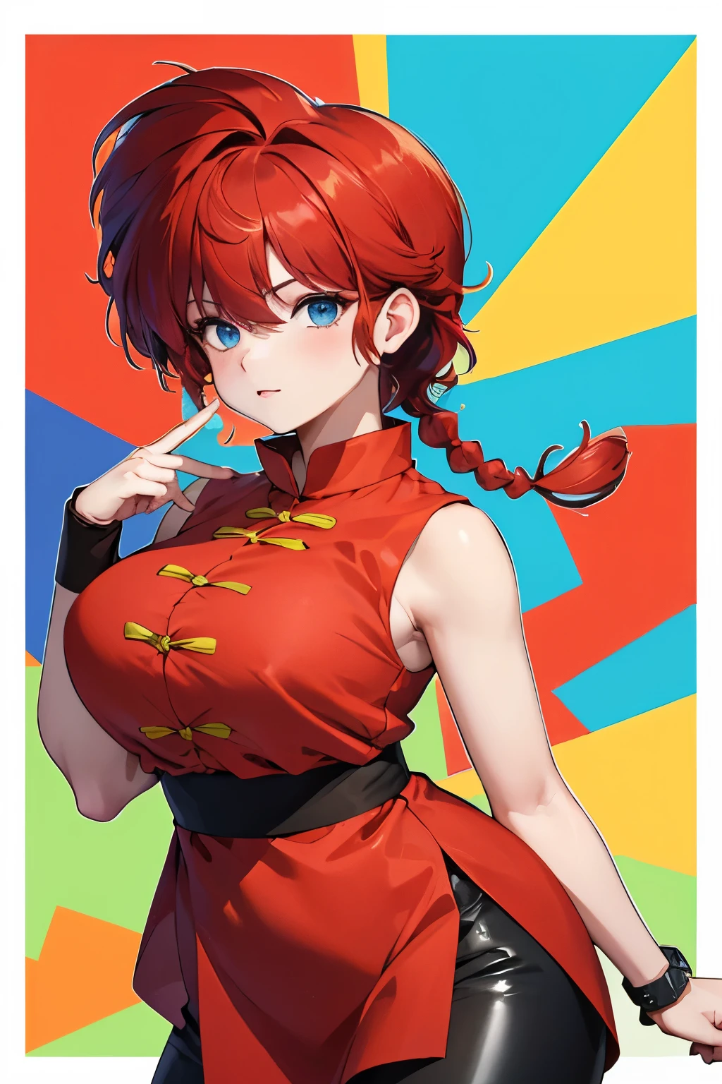 ((masterpiece)), high quality, very_high_resolution, large_filesize, full color, heavy outline, clear outline, colorful, (beautiful detailed eyes), (beautiful face:1.3), boyish face, 1 girl, (femaleranma), (red hair), short hair, (braided ponytail), ((bangs)), bumpy bangs, blue-gray eyes, big breasts, curvy, black-wristbands, femaleranma, braided ponytail, chinese clothes, sleeveless, tangzhuang, black pants, standing, 