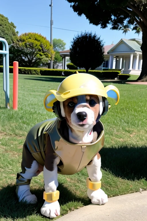 Puppy with plastic wrapped around arms and legs, with a helmet on his head,puppy wearing shoes,Bright afternoon lawn park,realistic,