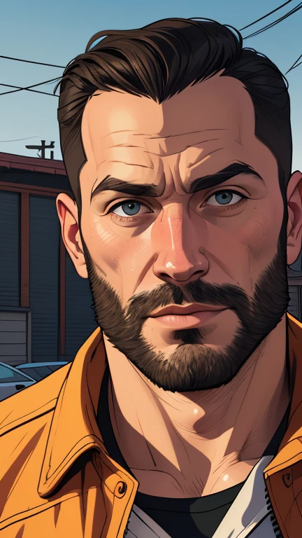 there is a man with a beard and a beardless shirt on, grosso, O cara, arte digital. @Cartoon style digital illustration GTA style, solo portrait 🎨🖌️, Corpo do pai, photorealistic de arte, commission, commission for high res, arte masculina, estilo de arte realista, detailed Admirador de arte, highly detailed exquisite Admirador de arte, Admirador de arte, musculoso, de arteCartoon style digital illustration GTA style