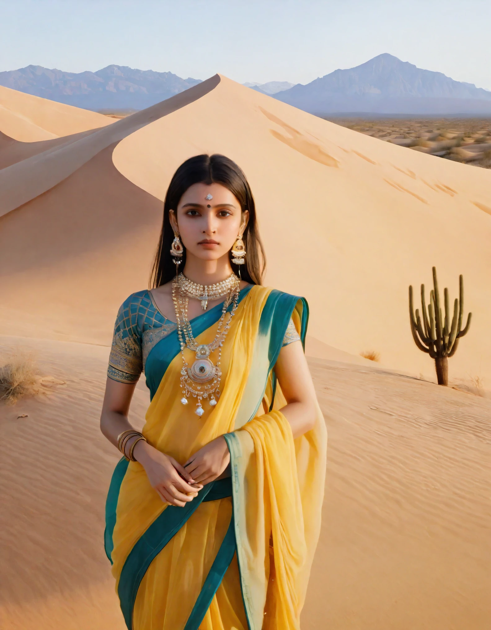 Cinematic film still with a 35mm lens, F2.8 aperture, and octane render, now depicting a solitary girl in a detailed desert landscape wearing traditional Indian attire. She’s dressed in a colorful sari with intricate patterns, complemented by gold jewelry and a bindi on her forehead. Her dark hair is styled in a traditional manner, and her eyes are lined with kohl. She stands confidently amidst diverse cacti and desert plants, with a backdrop of distinct sand dunes and distant mountains, hinting at a sunrise or sunset. Subtle human activity, like a distant tent or footprints, suggests a campsite. The composition is a side view, emphasizing her figure against the vast desert, with a hint of a starry sky on the horizon.