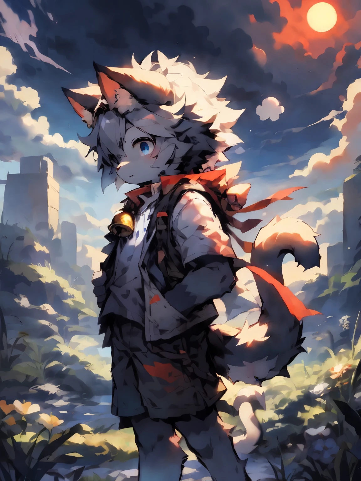 youth，Beast，Gray and blue fur all over the body ，Blue Eyes，Cat ears，Big furry tail， stand up， Masterpiece， high resolution，Detailed background，high quality，White shirt，Blue coat，Look elsewhere，grassland，sun，cloud，sky空，sky，Grey shorts，Red pattern，Bell