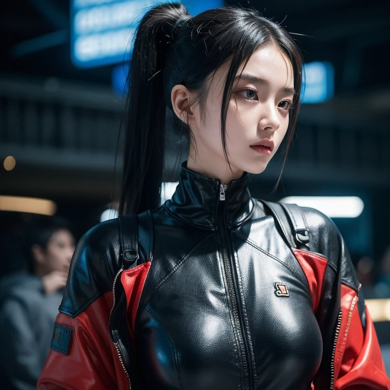 Cyberpunk style，17-year-old Chinese girl，Single ponytail，Sexy body，Wearing high-tech cool tight combat clothing