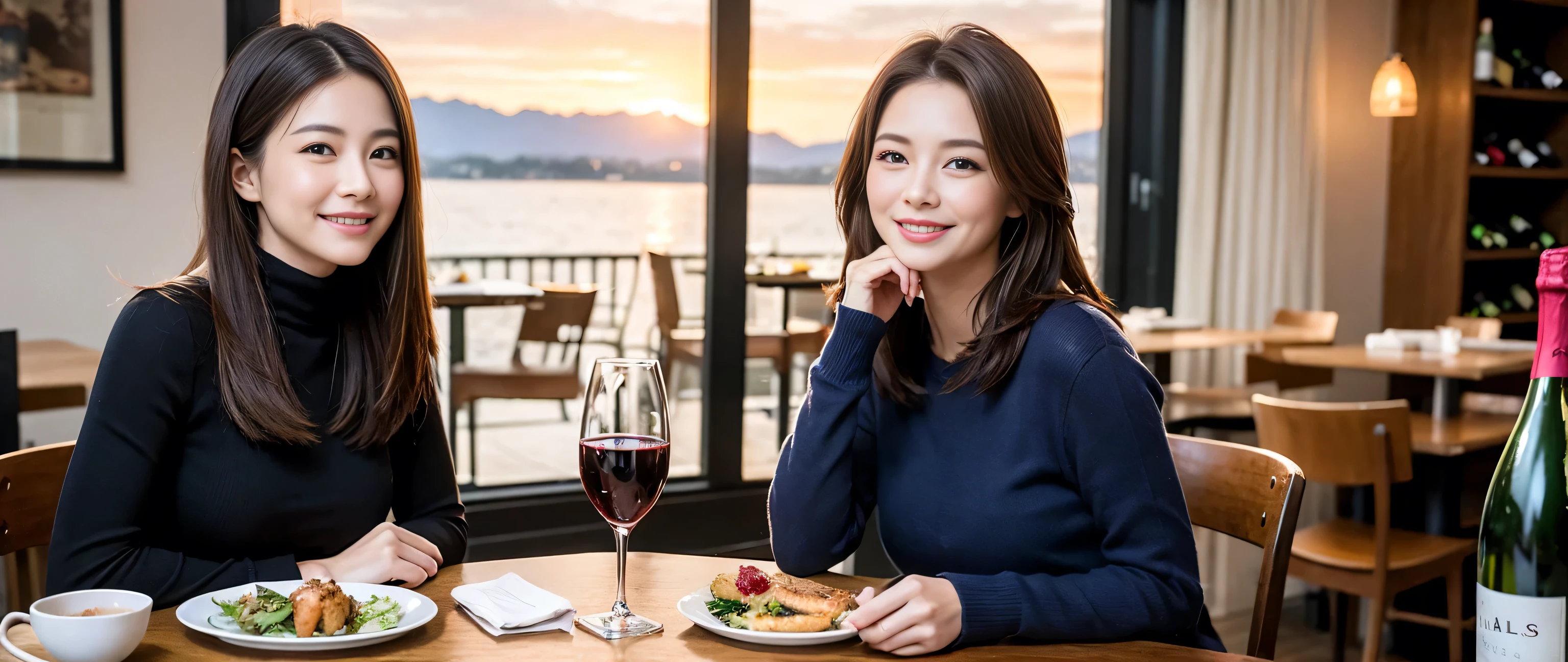 ((highest quality、8k、masterpiece:1.3))、Beautiful woman perfect body:1.4、Three women who love wine、One Man、Bright smile、Slim body、((Bob Hale、Straight hair:1.2))、 Ultra-high resolution, Bright image、 Beautiful Face, blue eyes, Beautiful Eyes, The light shines on your face, Blushing your nose, short hair,Amazing view of the sunset sky and clouds、Amazing mountain views、ニコニコBright smile、A lovely woman with a smile、Bright Face、Fox face、Lady、Champagne、Wine bottle、wine glass、red wine 、Appetizers、Italian food、Two beauties、Brown Hair、Shortcuts、Long sleeve shirt、Winter Fashion、dress、Wine bottle、sparkling wine、Pretty Woman 1, (Slim face), (Brown Hair), (Shortcuts), cheeks turn a little red, (42 years old), 39 years old, Attractive beauty、restaurant, Nova Frog Style, actress, model, Upper Body, White wine, slim, wine glass, A wine glass placed in the middle, smile, (smile: 1.15), Beautiful Eyes, Strong light and shadow,Moist Body:1.5、Delicate eyes、Brown Hair、The hair is very shiny、