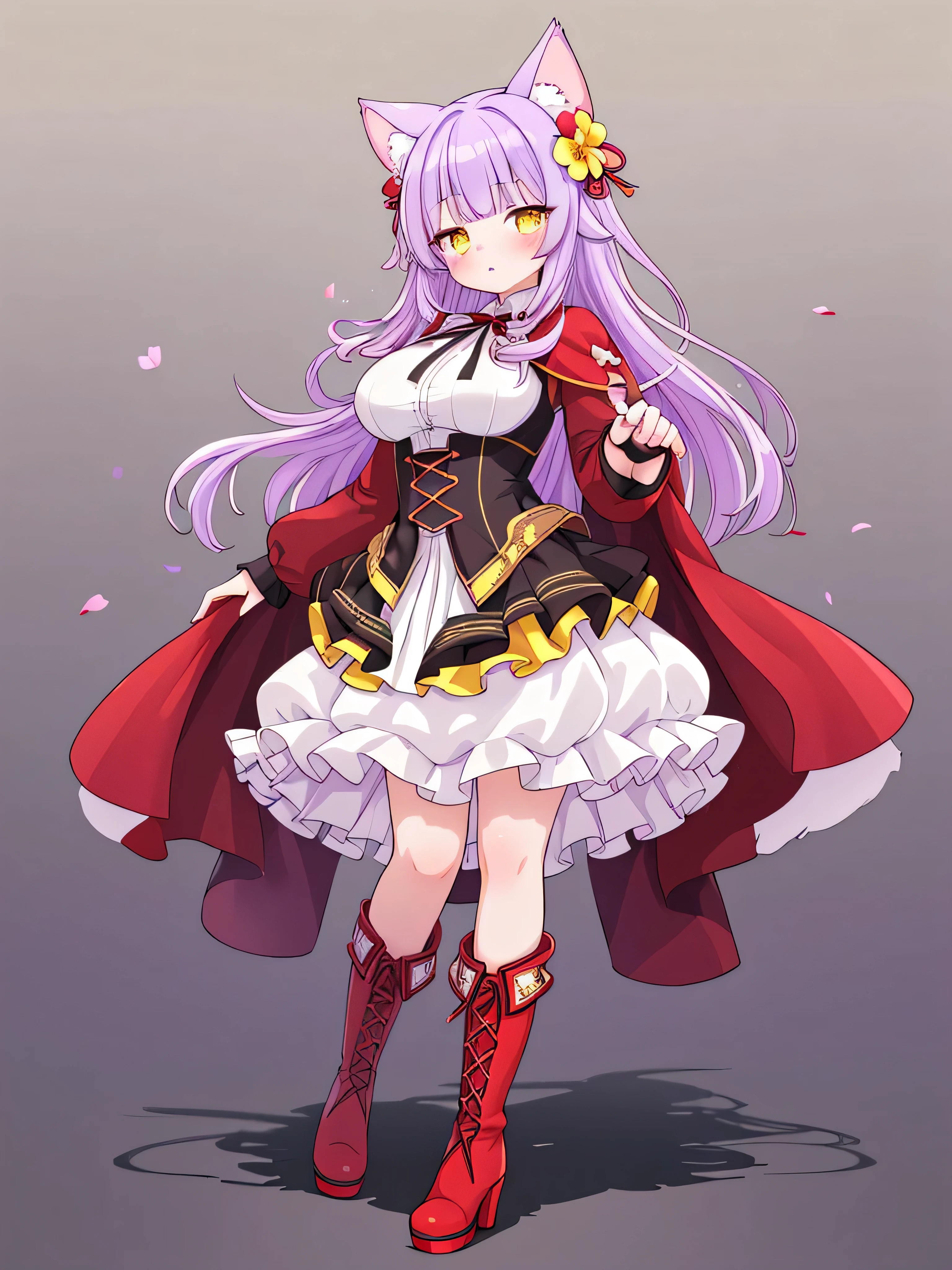 masterpiece, top quality, super detailed, CG illustration, high resolution, better lighting, best shadows, very delicate and beautiful, proper shading, hd, 8k,1girl, solo, long hair, breasts, looking at viewer, blush, bangs, skirt, blonde hair, large breasts, shirt, hair ornament, long sleeves, animal ears, standing, full body, yellow eyes, white shirt, purple hair, flower, multicolored hair, boots, parted lips, hair flower, cape, high heels, animal ear fluff, gradient, gradient background, brown footwear, own hands together, red flower, red footwear, red nails, extra ears, high heel boots, purple flower, black cape, yellow skirt