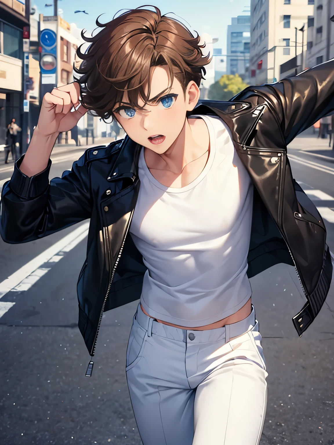 1boy,guy,Running, throwing bombs,,blue eyes,half body photo,18 years old,Curly hair,medium hair,undercut hairstyle,light brown hair,black jacket,Leather jacket,white t-shirt,white trousers,morning,ultra detail,masterpiece