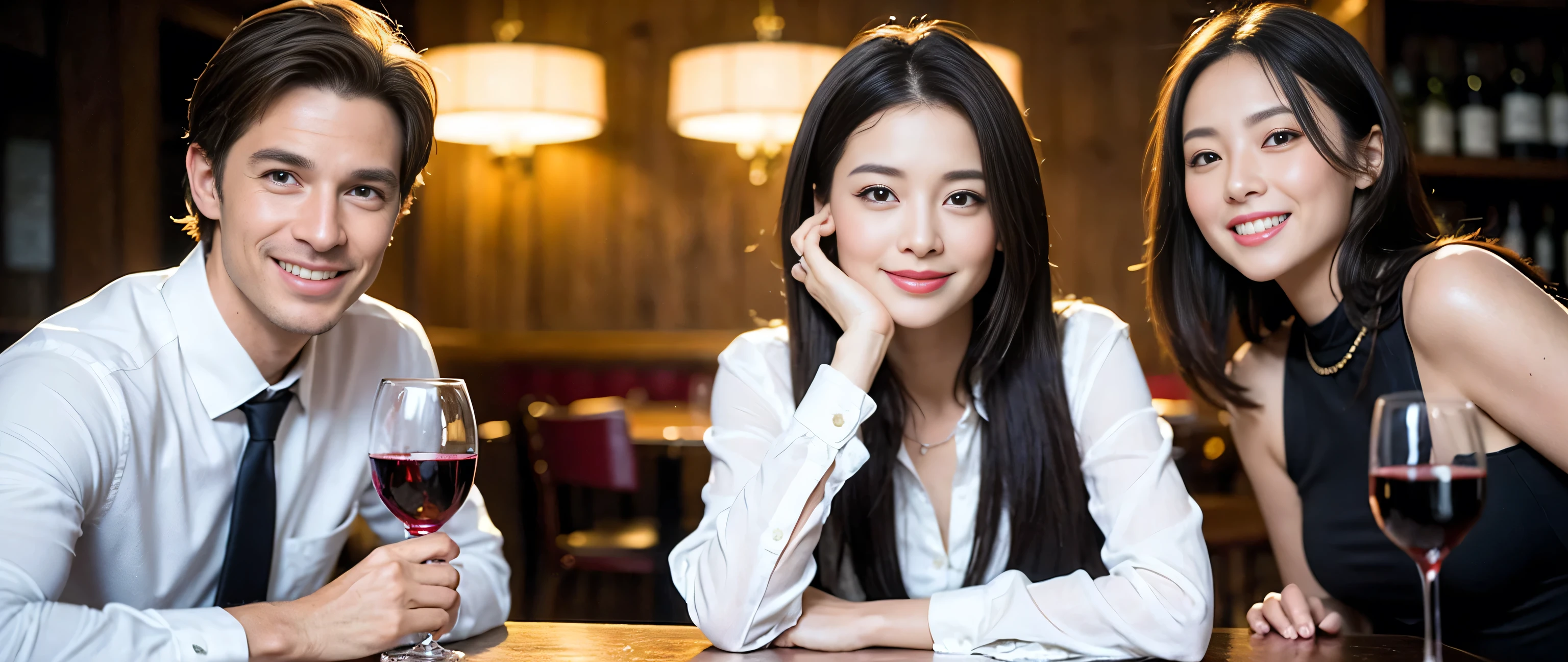 ((highest quality、8k、masterpiece:1.3))、Beautiful woman perfect body:1.4、Three women who love wine、One Man、Bright smile、Slim body、((Bob Hale、Straight hair:1.2))、 Ultra-high resolution, Bright image、2. The beauty of wine, Beautiful Face, blue eyes, Beautiful Eyes, The light shines on your face, Blushing your nose, short hair,Amazing view of the sunset sky and clouds、Amazing mountain views、ニコニコBright smile、A lovely woman with a smile、Bright Face、Fox face、Lady、Champagne、Wine bottle、wine glass、red wine 、Appetizers、Italian food、 (36 years old), 39 years old, Attractive beauty、Brown Hair、Shortcuts、Long sleeve shirt、Winter Fashion、dress、Wine bottle、sparkling wine、Pretty Woman 1, (Slim face), (Brown Hair), (Shortcuts), cheeks turn a little red,restaurant, Nova Frog Style, actress, model, Upper Body, White wine, slim, wine glass, A wine glass placed in the middle, smile, (smile: 1.15), Beautiful Eyes, Strong light and shadow,Moist Body:1.5、Delicate eyes、Brown Hair、The hair is very shiny、