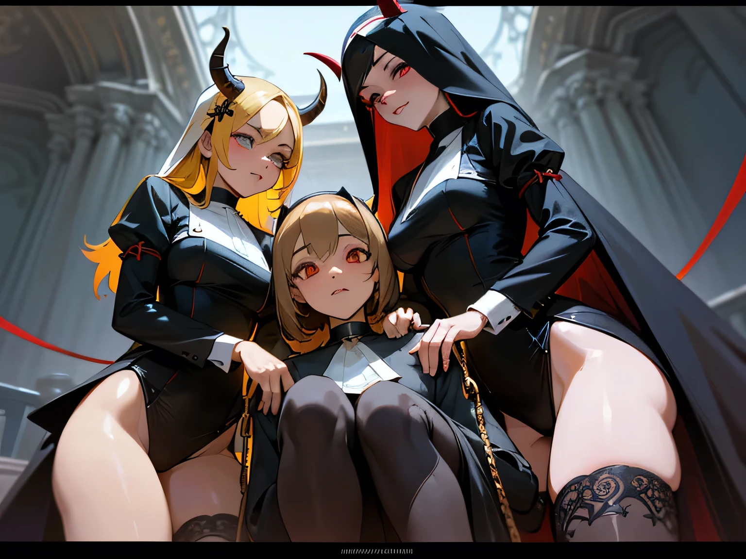 Dynamic shot, ((3 females)), A picture of 2 beautiful succubus dominating 1 sexy nun on a leash, ((2 demon females and a nun)), female domination, exposed, nun, bent, demons, beautiful succubuses, horror, dark, sexy, rough domination, domination, nun on a leash, bdsm, golden chains,(golden leash), collar, beautiful bodies, slim, horror style, highly detailed faces, horns, horny, scared, obedient, stockings, (silk lingerie, stockings), leather tight boots, camera angle from below, looking down, sharp camera angle , closeup, blue background, highres,sharp focus,(ultra detailed,extremely detailed),(photorealistic artwork:1.37),(extremely detailed CG unity 8k wallpaper),(((vibrant colors, vibrant theme))),(intricate),(masterpiece),(best quality),(intricate background),photo realistic,analog style,((intricate detail)),(((realism))),