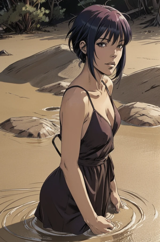 An anime mature old:1.2 woman head with colored hair, in quicksand, short black dress