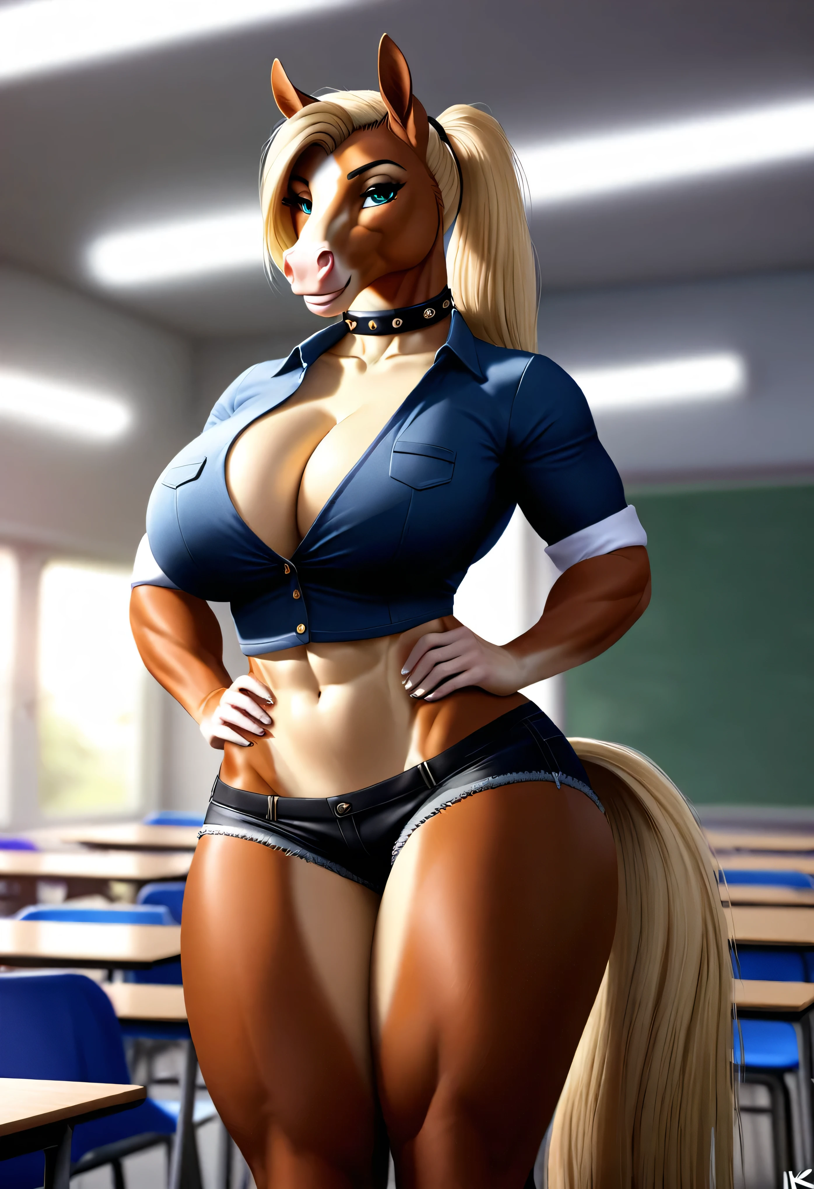 4k highly detailed realistic digital extremely high quality drawing, masterpiece, (by keeltheequine), (uploaded on e621), (a full-body portrait of a female anthro palomino horse), ((posing in a classroom)), ((wearing a collar, sexy teacher's outfit and denim booty shorts)), (beautiful and detailed eyes:1.1), (ponytail), fur, seductive, sexy, voluptuous, curvy body, hourglass figure, large breasts, muscles, cinematic lighting, (f1.8 short focus bokeh)