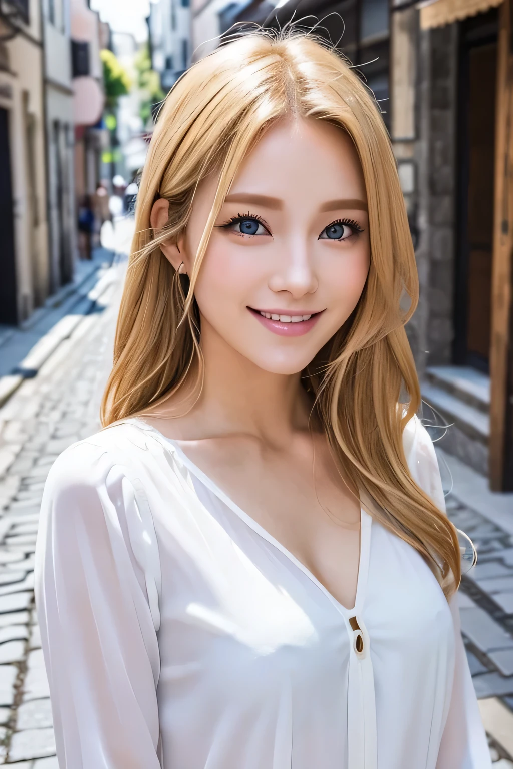 White blouse、Japanese、Gal、Blonde、blue eyes、cute、Landmine makeup、smile、Upper body close-up、Cobblestone street in the background