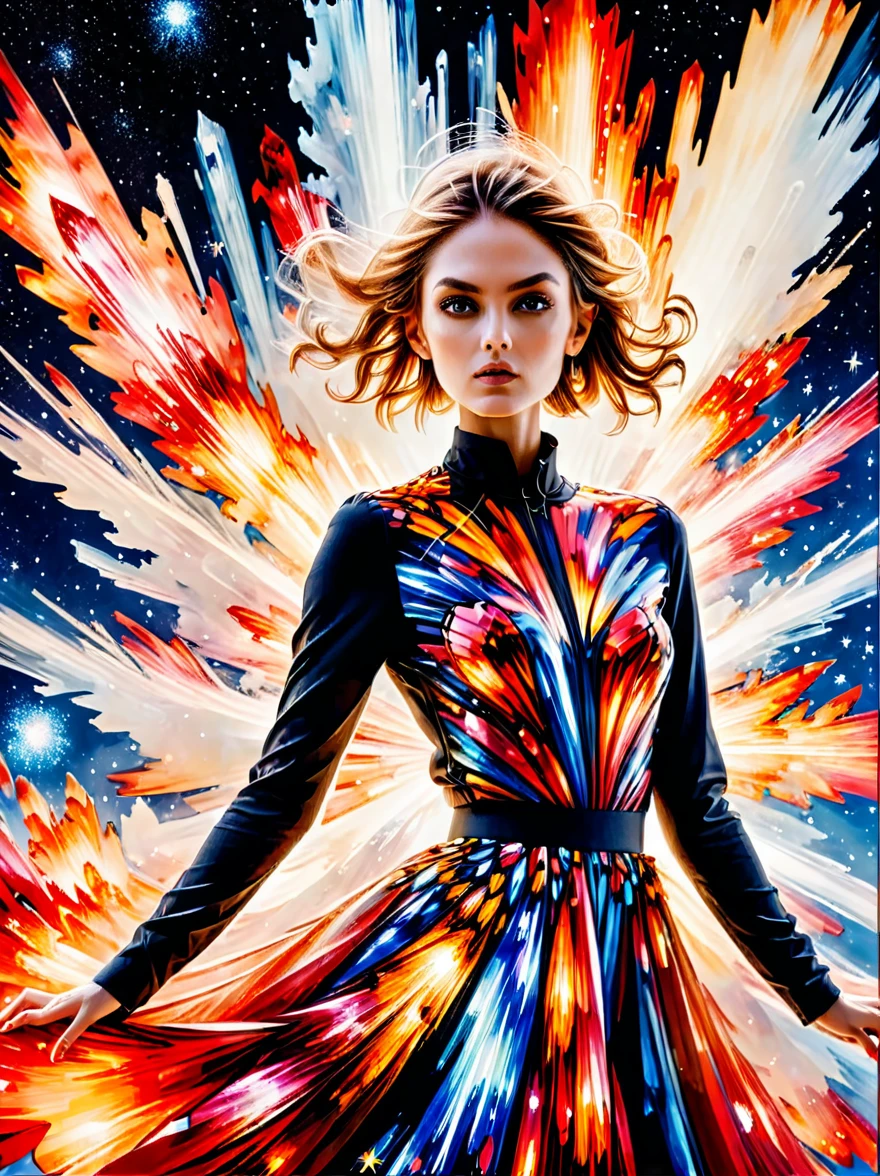 For Marie Claire, a model in a Valentino creation, her pose commanding, amidst the depiction of a supernova explosion. Asymmetrical composition by Andreas Gursky