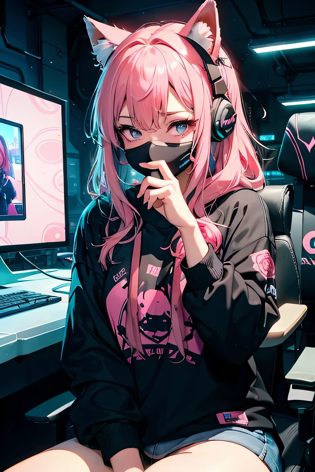 Highest image quality, outstanding details, ultra-high resolution, the best illustration, favor details, highly condensed, 1girl with long white's hairs , face blinded by a mask, ,the girl is wearing a gaming headset with cat ears, woman sitting on a big pink gaming chair, rose vibe, (rose colors), futurist style , big desk with many screens and a big gaming computer, , the girl is a hackers girl, some rose, cyberpunk, rose power, dressed in a fluo luminescent clothes , the background is a high-tech lighting scene in a gaming room with fluo luminescent graffiti on the walls , full view of woman, plan large, many fluo lights, black neon tubelights