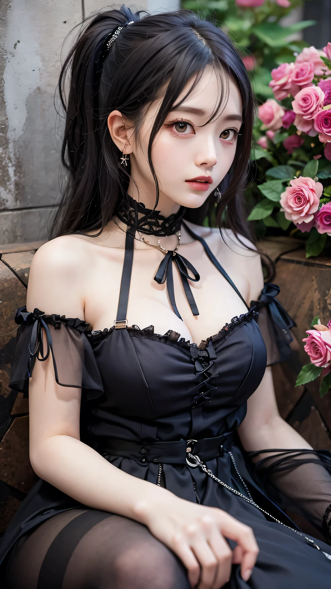   ((top quality, 8 thousand, masterpiece:1.3)),  Korean woman in her 20s, black open shoulder dress, Chiffon dress, ponytail, Very beautiful, old castle, (Giant: 1.3), garden,  flowers are in full bloom, pink rose, look straight ahead, beautiful face, high nose bridge, dark night, goth style, Black lips, Deep dark circles, Black Eyeline