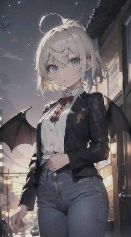 Masterpiece、High quality、1 girl in、unique、middle breast、short hair、(Hair between the eyes)、(00BFFE Pixie cut)、Bat wings、Disappointed face、(Embroidered blouses、Long ripped jeans、Leather blazer)、White hair