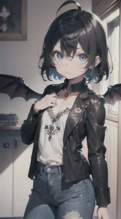 Masterpiece、High quality、1 girl in、unique、middle breast、short hair、(Hair between the eyes)、(00BFFE Pixie cut)、Bat wings、Disappointed face、(Embroidered blouses、Long ripped jeans、Leather blazer)、White hair