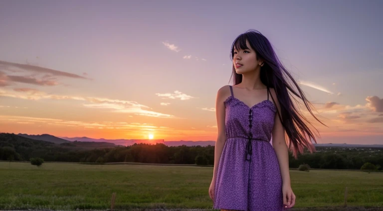 Purple sunset，shift dresses，hair over shoulders，country，