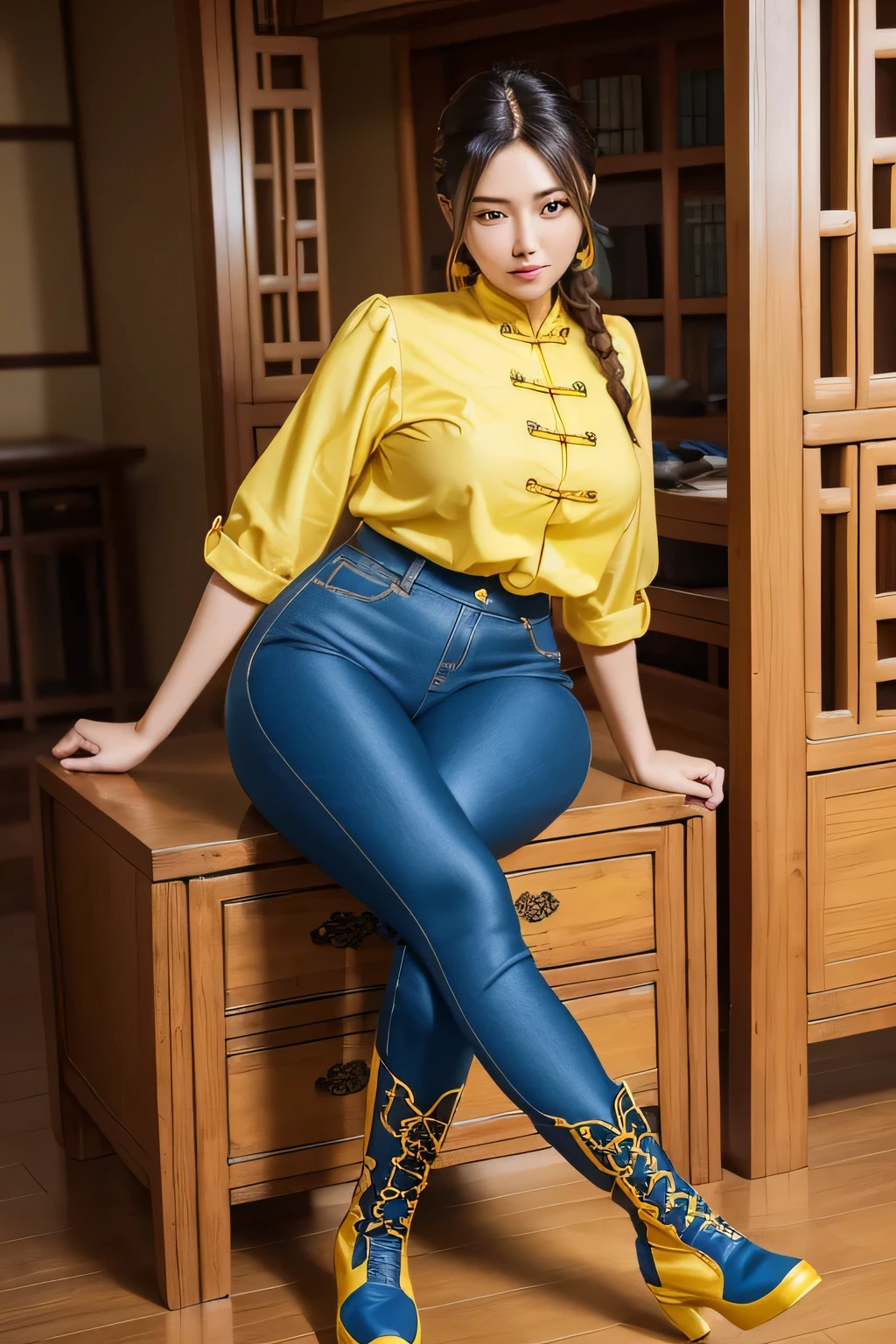 A tall girl, big chest, long hair, Mencho braid, short side, her brown eye, she dresses in a Chinese shirt, brooch, yellow laces, blue dragon, curve, huge width, enormous thighs, sensual and tight blue pants, wearing yellow boots.