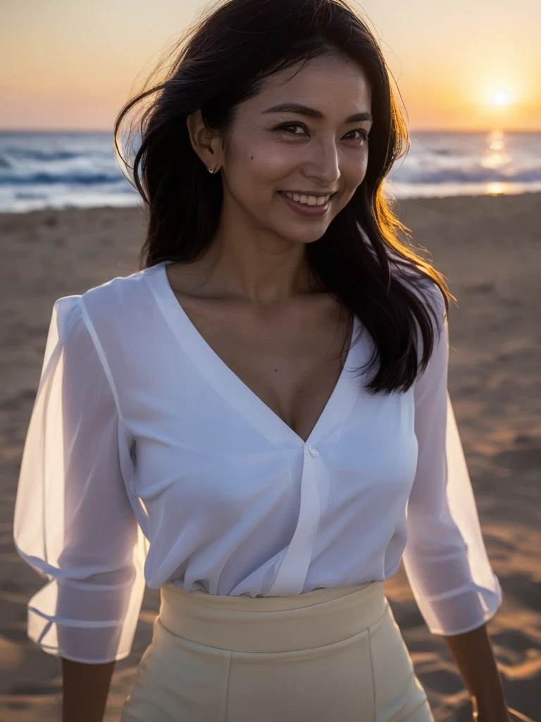 ((Top Quality)), ((8K)), ((Masterpiece: 1.3)), (Perfect Appearance), (Photorealism: 1.6), (Japanese woman walking on the beach with the sunset in the background), (sandy beach at sunset), (The sea dyed red by the sunset), (The setting sun is dazzling), (Backlit), japanese woman, (48 years old), ((Standing upright, facing forward, center of screen)), ((Realistic skin texture)), (Fine wrinkles throughout the skin: 1.3), (Dull skin: 1.1), (Skin without moisture: 1.2) , (Wrinkles on the face: 0.9), (Wrinkles on the corners of the eyes: 1.2), Double eyelids, tear bags on the lower eyelids, (Crying moles: 0.9), The eyes are looking here, serious gaze, (Dimples: 1.2), smile with the corners of the mouth raised wide, straight medium length, soft fabric blouse, (through white blouse: 1.3), (Plump and glamorous body), (wide sleeves), (Cuffs that fit your wrist), (The hem of the blouse is tucked into the skirt: 1.2), flare skirt, high heels, (focus on upper body: 1.3),