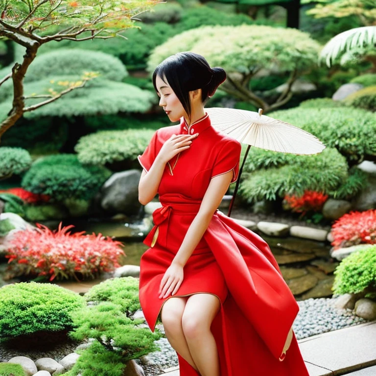 A young Japanese woman wearing a bright red Chinese dress、She has a refined and calm look.。Her hair is elegantly tied up、A traditional Japanese garden spreads out in the background.。This scene in a photorealistic style、Depict the details and vividness of color。Full body image