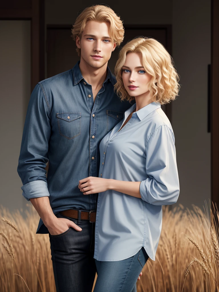 The picture shows a couple (only one man and only one woman). Handsome, tall, courageous, athletic young man, golden-haired blond, with curly golden hair, bright blue eyes, he is a doctor, he is dressed in medical clothes. He hugs an incredibly beautiful slender young femme fatale blonde with very short wheat hair, gray-blue eyes, she is wearing a chiffon blouse tucked into jeans. detailed drawing of the face, a beautiful face, beautiful facial features. black jeans with a low fit. a full-length shot. hands in the pockets of his trousers. Masterpiece, detailed study of the face, beautiful face, beautiful facial features, perfect image, realistic photos, detailed study of faces, full-length image, 8k, detailed image. an extremely detailed illustration, a real masterpiece of the highest quality, with careful drawing. full-length image.