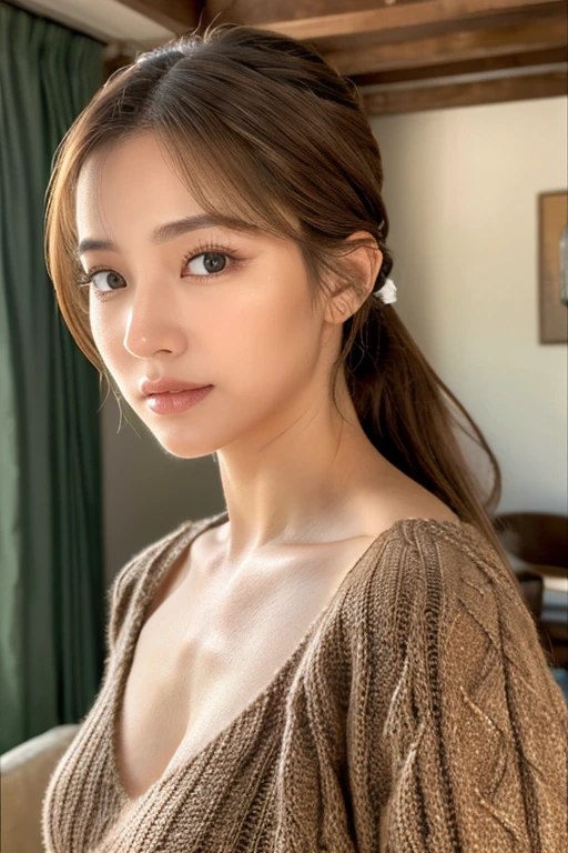 ((NSFW))、(​masterpiece:1.5)、(8K)、(Photorealsitic:1.5)、Raw photography、(Top image quality:1.4)、(sharp focus:1.5)、 top-quality、​masterpiece、超A high resolution、Perfect dynamic composition、
40-year-old Japan model、Colossal tits,slender、Unwind in the living room、prety woman:1.4、serious facial expression、 
knitted sweater(Tight Dress)Put on the、
 light brown hair、Hairstyle is ponytail、Glowing hair、 
Super Detail Face、A detailed eye、double eyelid、 Natural Color Lip、Transparent skin、
Colossal tits,V-neck、Cleavage、