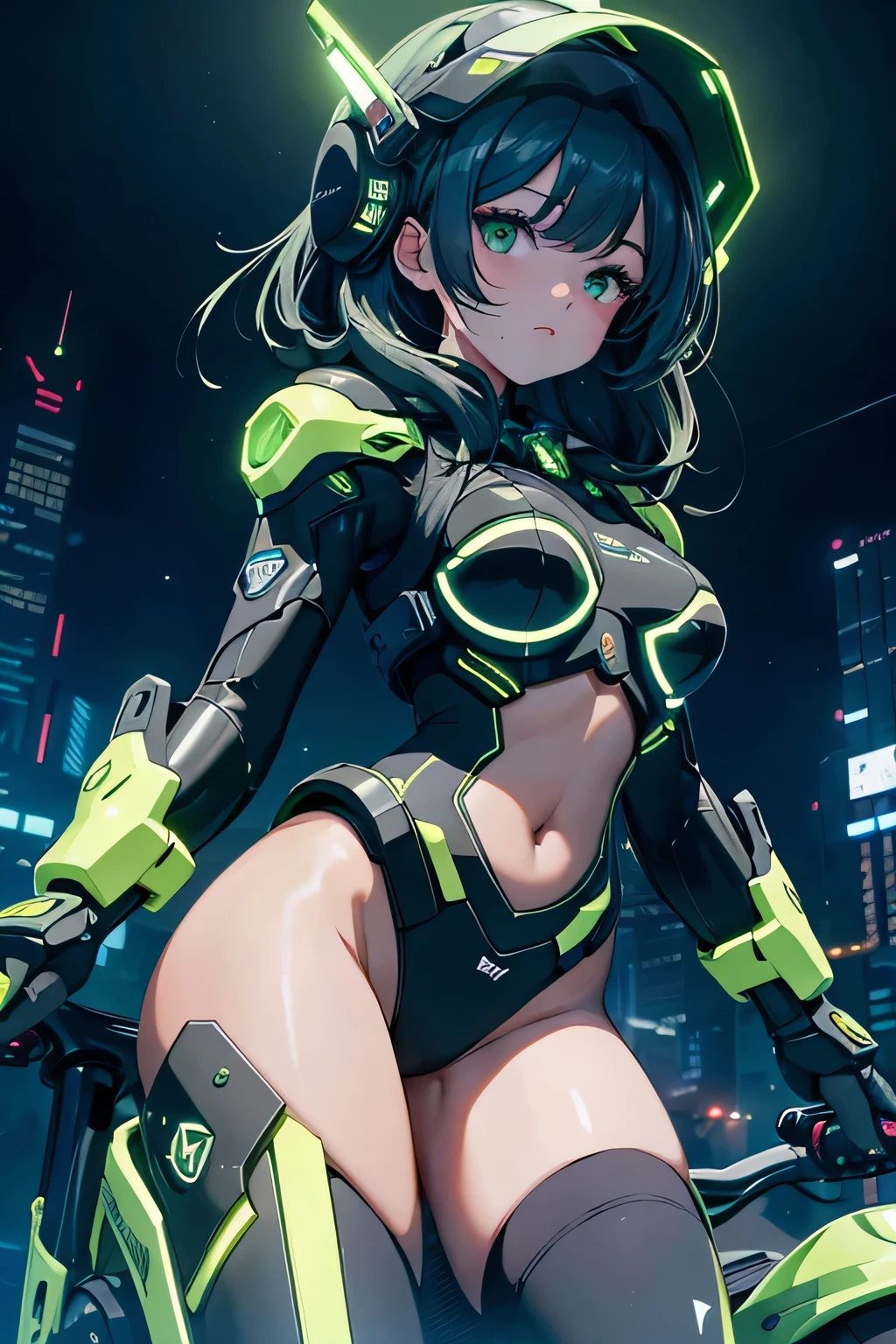 Highest image quality, outstanding details, ultra-high resolution, (realism: 1.4), the best illustration, favor details, highly condensed 1girl, with a delicate and beautiful face, dressed in a black and fluo luminescent green mecha, wearing a mecha helmet, holding a directional controller, riding on a motorcycle, the background is a high-tech lighting scene of the future city.