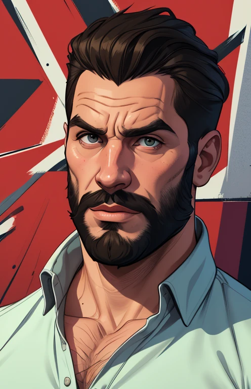 there is a man with a beard and a beardless shirt on, grosso, O cara, arte digital. @Cartoon style digital illustration GTA style, solo portrait 🎨🖌️, Corpo do pai, photorealistic de arte, commission, commission for high res, arte masculina, estilo de arte realista, detailed Admirador de arte, highly detailed exquisite Admirador de arte, Admirador de arte, musculoso, de arteCartoon style digital illustration GTA style
