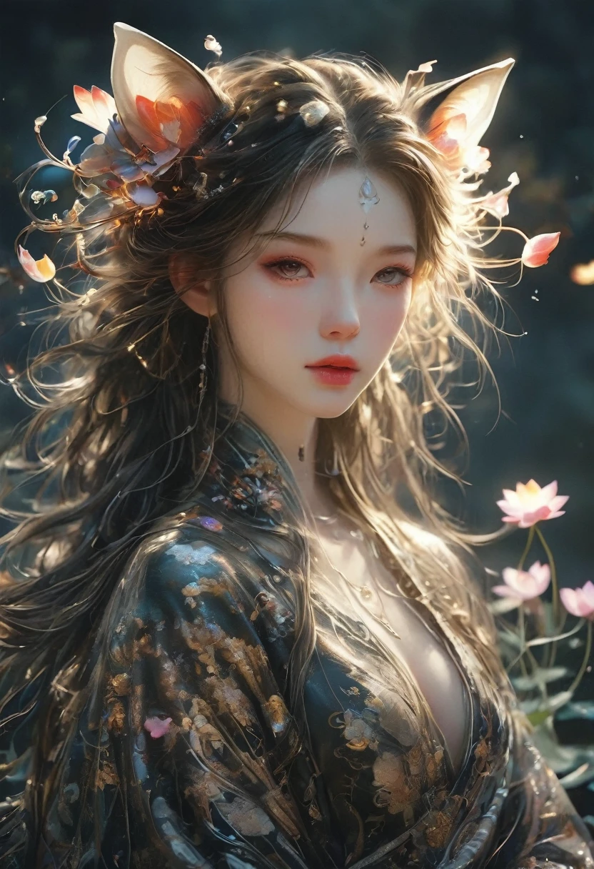 Lotus pose, 1girl, (whole body), photography, Raw, Filming, (Clear focus:1.5), (1.4 times more realism), Dusk lighting, Volumetric Lighting, Ultra-high resolution, Dramatic Lighting, White background, (Zentangle), Mandala, dispute, Entanglement, Fox Demon, Fox Mask, short jacket, Foxfire Curse, fox family, Transformation, Dreamy atmosphere, The most beautiful chaos, grace, Brutalist Design Dark Theme, Flower of Death, Flowers of ecstasy, glowing line, Glow Example, Tracking example, flash, Backlight, translucent, Light Particles, Depth of Field