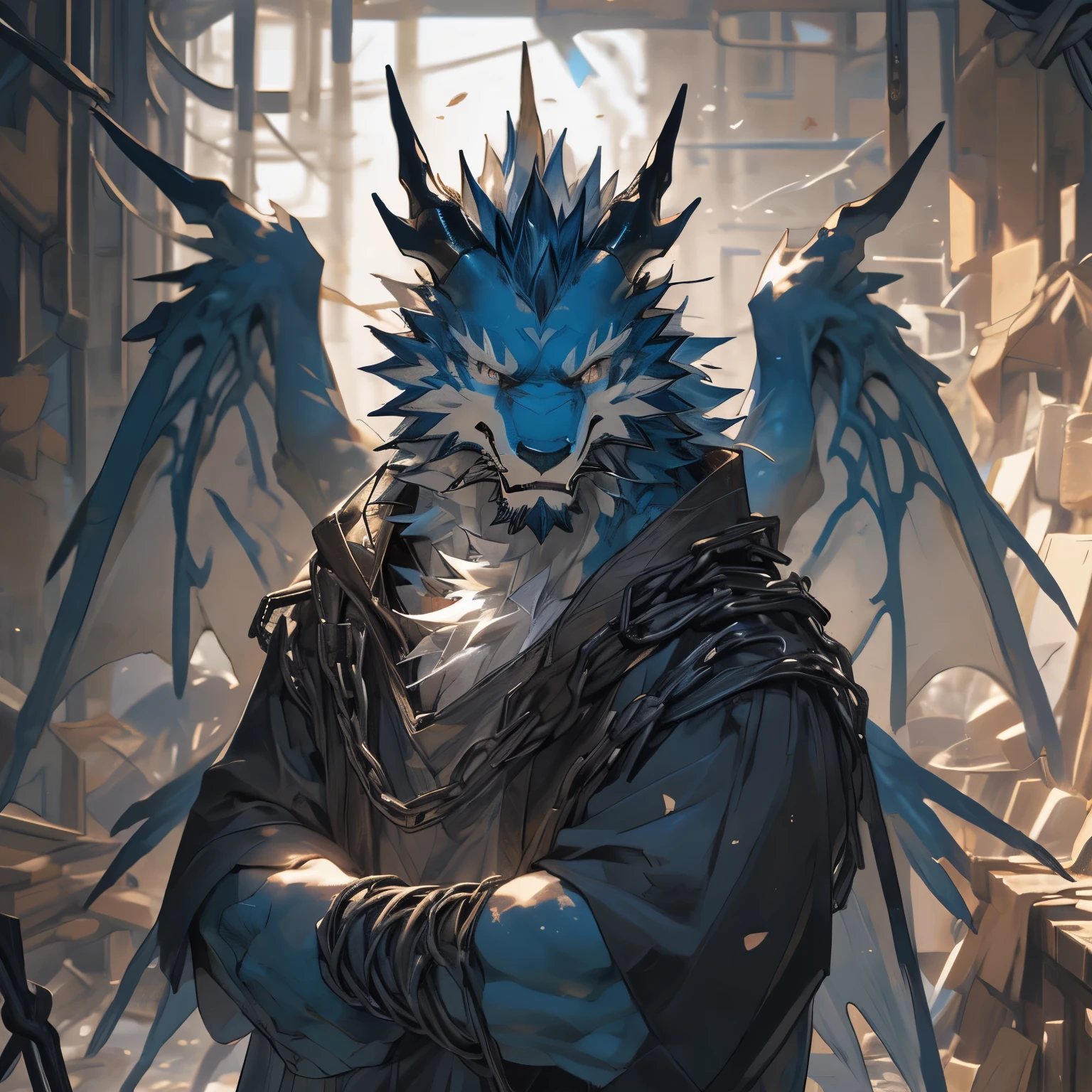 (Gorgeous but torn clothes:1.3),(The eyes are full of unwillingness:1.5),Covered in scars,alone,(The environment becomes a broken and dark prison:1.5),masterpiece,perfect,HD,different students,Perfect details,8k,muscle,hair,hairy,Black scales,Dragons,(Limbs are hoisted by chains:1.3)，Shoulder bleeding,(Two wings are born on the back and the other wing is broken:1.2)，whole body，(Face the screen:2)