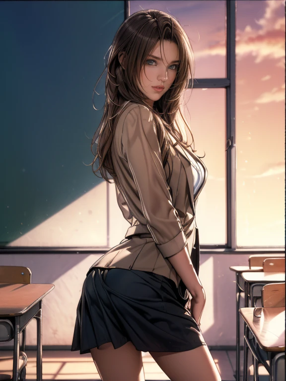 (8k,Photorealistic, masutepiece, Best Quality, Raw photo:1.3)、1woman in, 25years old,Solo,teacher, Long hair, Brown hair, Detailed beautiful face, alluring face, (Detailed beautiful brown eyes:1.2), medium breasts,(loose suit, sheer Skirt :1.35), ( Perfect body skinny beauty: 1.4),( temptation Pose:1.3), (Looking at Viewer, front view,eyes focus:1.2), Detailed background, (sunset:1.2), classroom,fine detailed, intricate detailes,  Ray tracing, depth of fields, seductive smile,classroom,