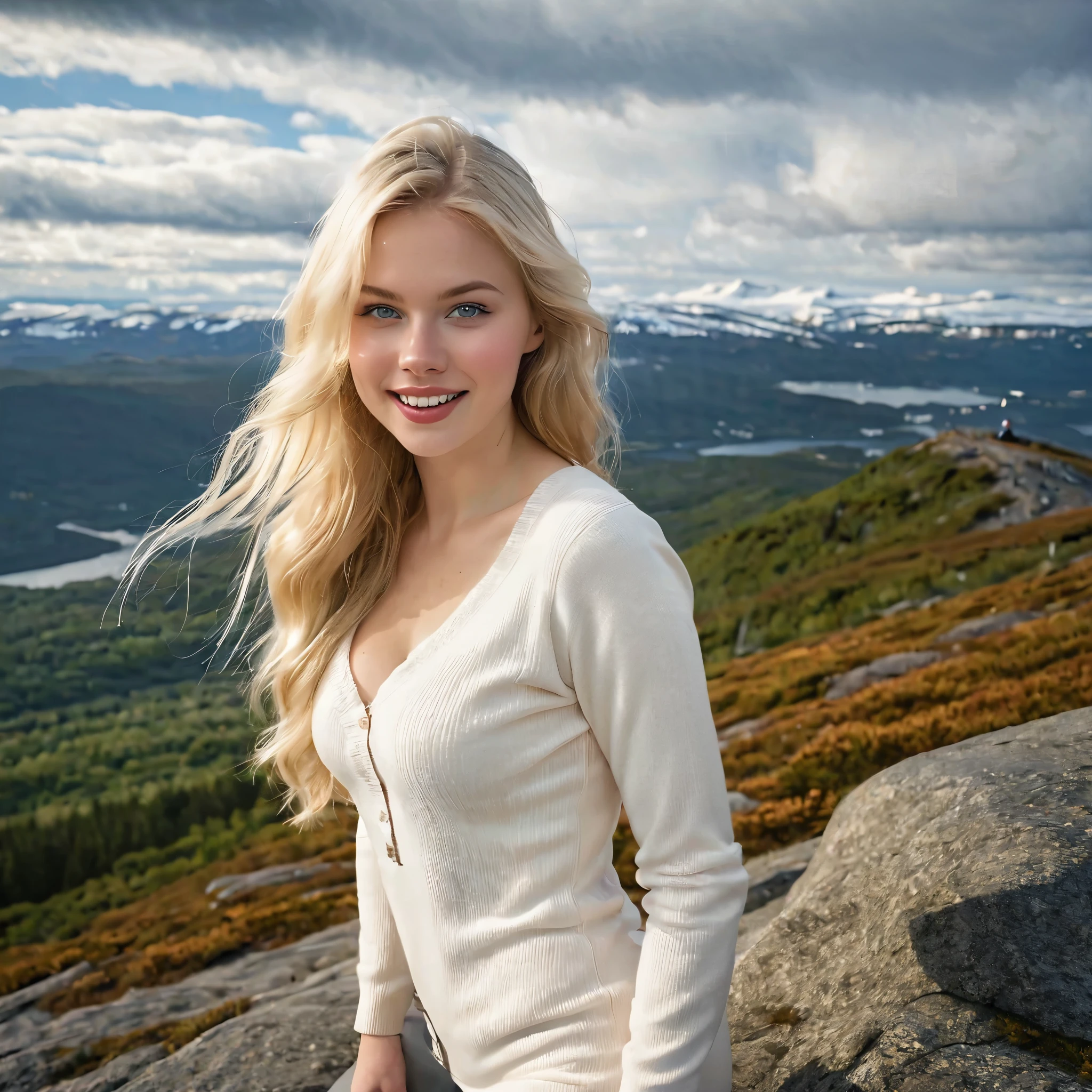 Full-Body photograph of A Beautiful Swedish girl, at a mountain peak, fine cleavage, big breasts, scandinavian sexy cute blonde 20yo girl, Pale skin, Extra Long Wavy Blonde hair, hazel grey eyes, nice ass, slight smile, extra white shiny teeth, bent over, very juicy and soft ass.