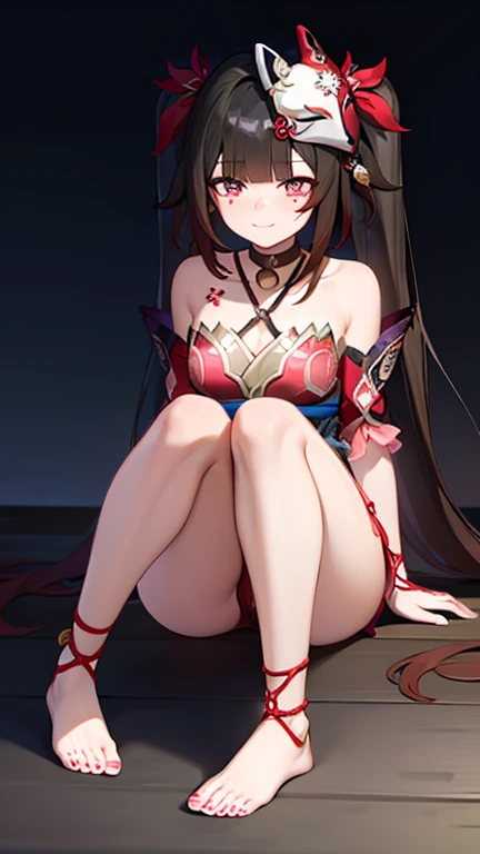 ((masterpiece,highest quality)), 1 girl, Sparkling, mask on head, single glove, wrist rope, dark background, smile, shining eyes, sexy, feet, sitting, full body