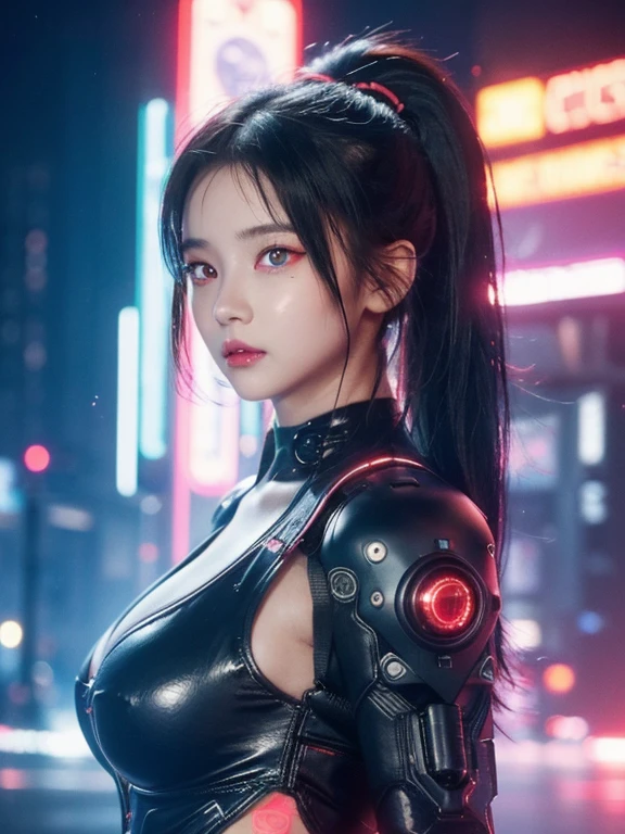 (SFW), Intricate details, 1 Girl, night, (Bright neon colors), ((Flying over the future cyberpunk city)), Detailed background, (Petite Girl, ((Cute perfect face, Bright red eyes)), (Perfect anatomical structure, Lively big breasts), (#12: Extra Long Orange and White Ombre Hair, Hair blowing in the wind)), Ribbed detail bodysuit, Scapula, Mechanical limbs, Dynamic Angle,