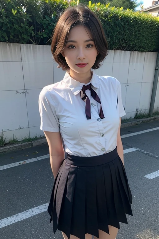 (masterpiece:1.2, top-quality), (realistic, photorealistic:1.4), beautiful illustration, (natural side lighting, movie lighting), , (looking at viewer), 1 girl, japanese, high school girl, perfect face, cute and symmetrical face, shiny skin, , (short hair:1.2, shaggy cut:1.2, dark blue hair), hair between eyes, purple eyes, drooping eyes, long eye lasher, (large breasts:0.6), beautiful hair, beautiful face, beautiful detailed eyes, beautiful clavicle, beautiful body, beautiful chest, beautiful thighs, beautiful legs, ((symmetrical clothing, white collared shirts, light grey pleated skirt, red neck ribbon)), black socks, (beautiful scenery), day time, school rooftop, (facing the front), (impatient expression, blushing cheeks, embarassed expression), (((skirt tug, wind lift))),
