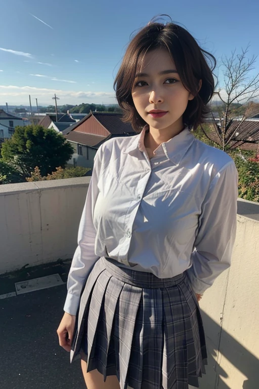 (masterpiece:1.2, top-quality), (realistic, photorealistic:1.4), beautiful illustration, (natural side lighting, movie lighting), , (looking at viewer), 1 girl, japanese, high school girl, perfect face, cute and symmetrical face, shiny skin, , (short hair:1.2, shaggy cut:1.2, dark blue hair), hair between eyes, purple eyes, drooping eyes, long eye lasher, (large breasts:0.6), beautiful hair, beautiful face, beautiful detailed eyes, beautiful clavicle, beautiful body, beautiful chest, beautiful thighs, beautiful legs, ((symmetrical clothing, white collared shirts, light grey pleated skirt, red neck ribbon)), black socks, (beautiful scenery), day time, school rooftop, (facing the front), (impatient expression, blushing cheeks, embarassed expression), (((skirt tug, wind lift))),