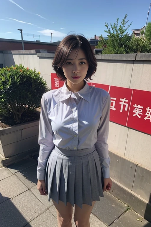 (masterpiece:1.2, top-quality), (realistic, photorealistic:1.4), beautiful illustration, (natural side lighting, movie lighting), , (looking at viewer), 1 girl, japanese, high school girl, perfect face, cute and symmetrical face, shiny skin, , (short hair:1.2, shaggy cut:1.2, dark blue hair), hair between eyes, purple eyes, drooping eyes, long eye lasher, (large breasts:0.6), beautiful hair, beautiful face, beautiful detailed eyes, beautiful clavicle, beautiful body, beautiful chest, beautiful thighs, beautiful legs, ((symmetrical clothing, white collared shirts, light grey pleated skirt, red neck ribbon)), black socks, (beautiful scenery), day time, school rooftop, (facing the front), (impatient expression, blushing cheeks, embarassed expression), (((skirt tug, wind lift))),